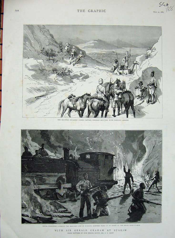 Old Antique Print 1885 Gerald Graham Suakim Train Captain Freeman Amaras 19th