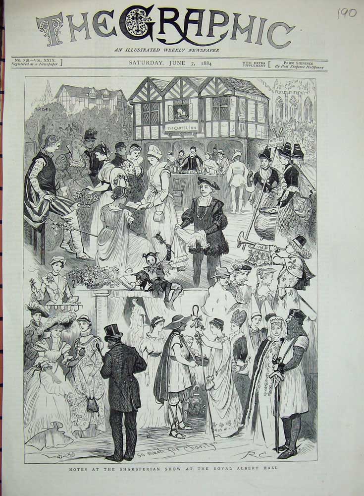 Original Old Antique Print Shaksperian Show Royal Albert Hall 1884 Costumes