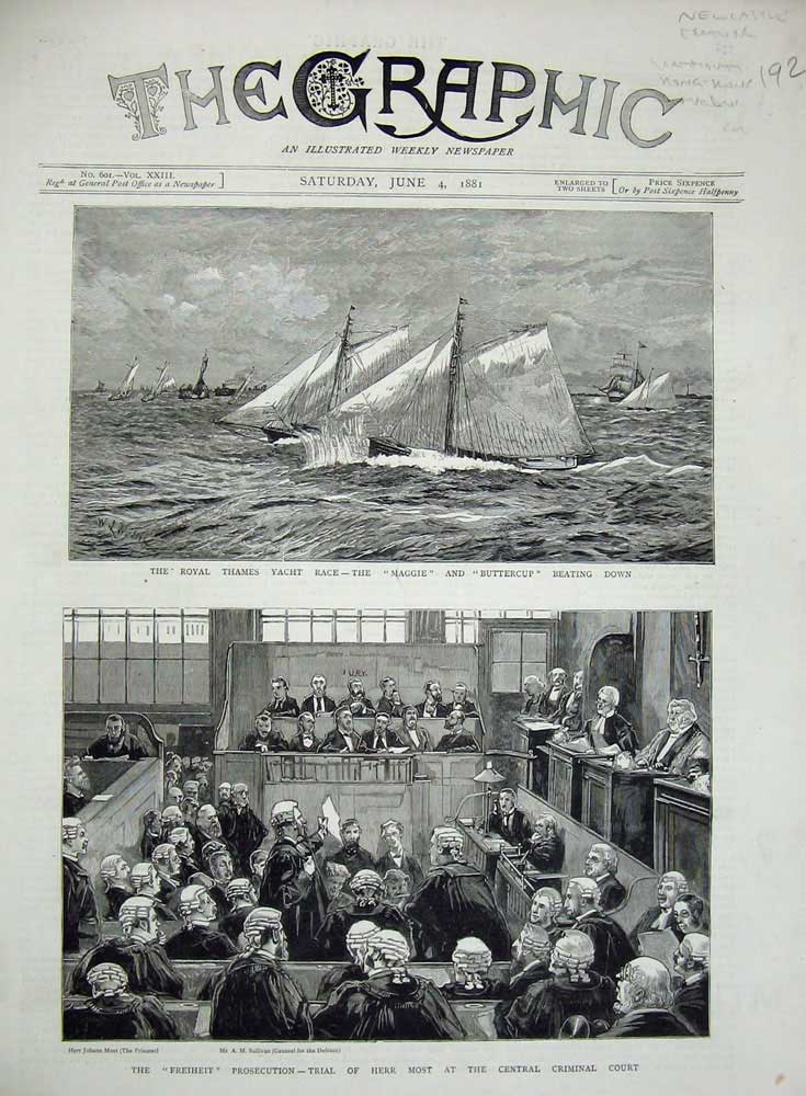 Old Antique Print 1881 Royal Thames Yacht Maggie Buttercup Freiheit Court 19th