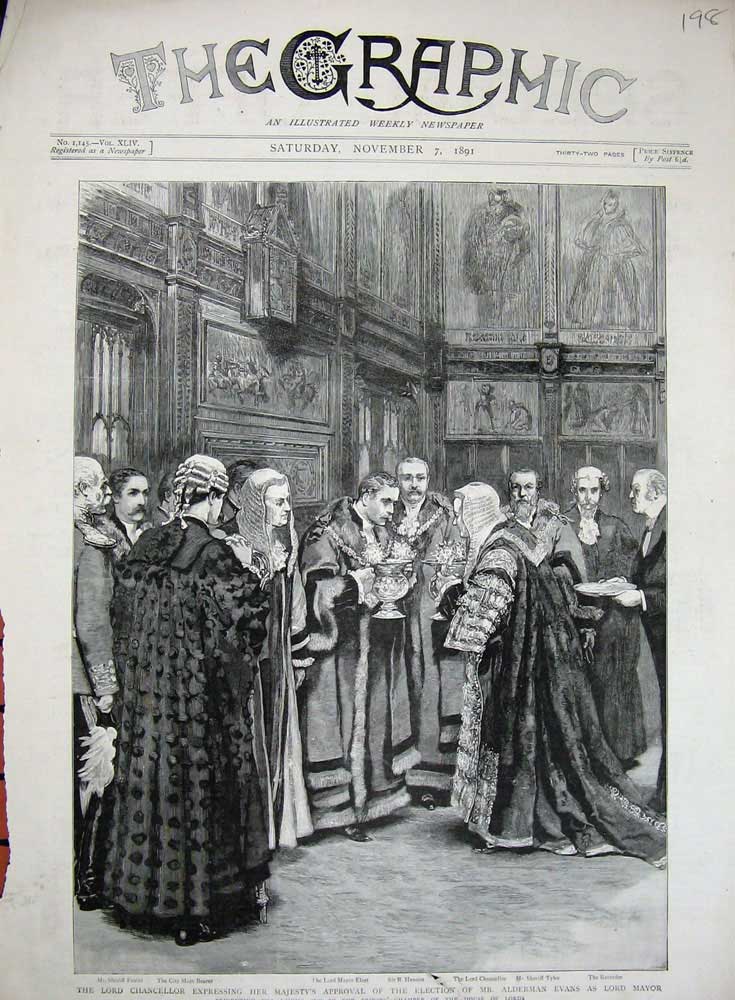Original Old Antique Print 1891 Lord Chancellor Alderman Evans Lord Mayor Tyler