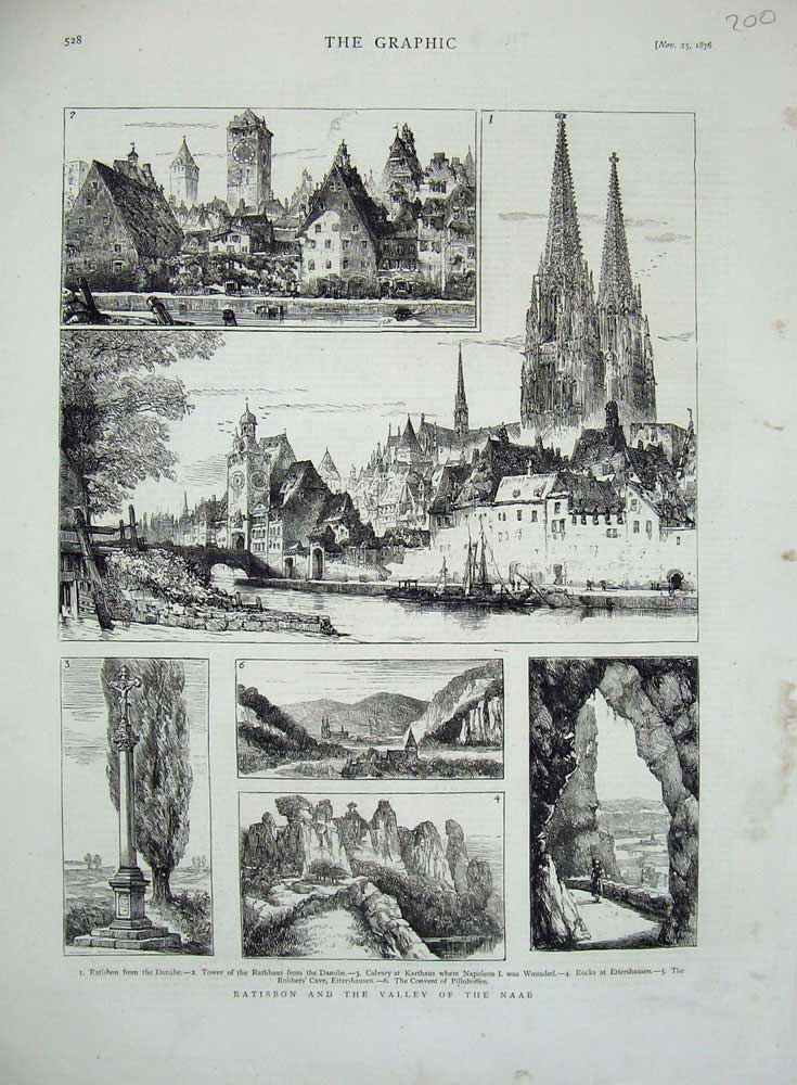 Old Antique Print 1876 Ratisbon Valley Naab Danube Karthaus Ettershausen 19th