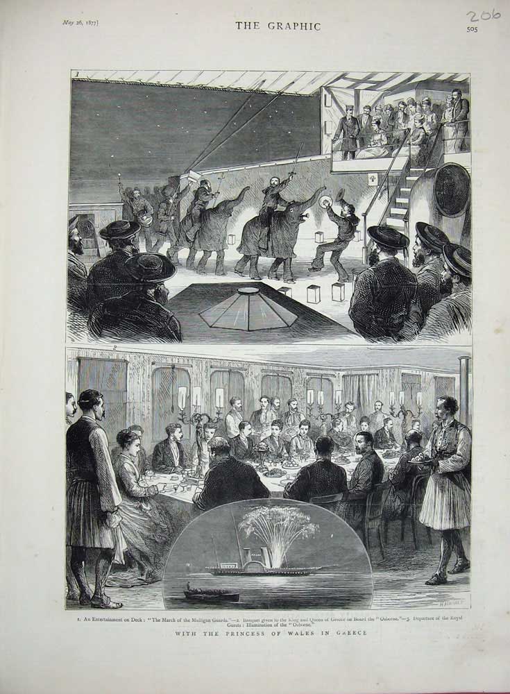 Old Antique Print 1877 Princess Wales Greece Mulligan Guards Osborne Ship 19th