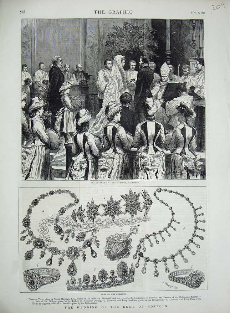 Old Antique Print Wedding Duke Norfolk 1877 Diamond Tiara Neckalce Ruby 19th