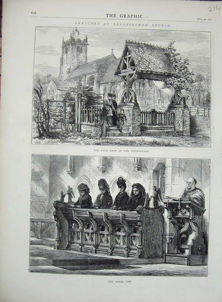 Old Antique Print 1871 Lych Gate Churchyard Sandringham Church Royal Pew 19th