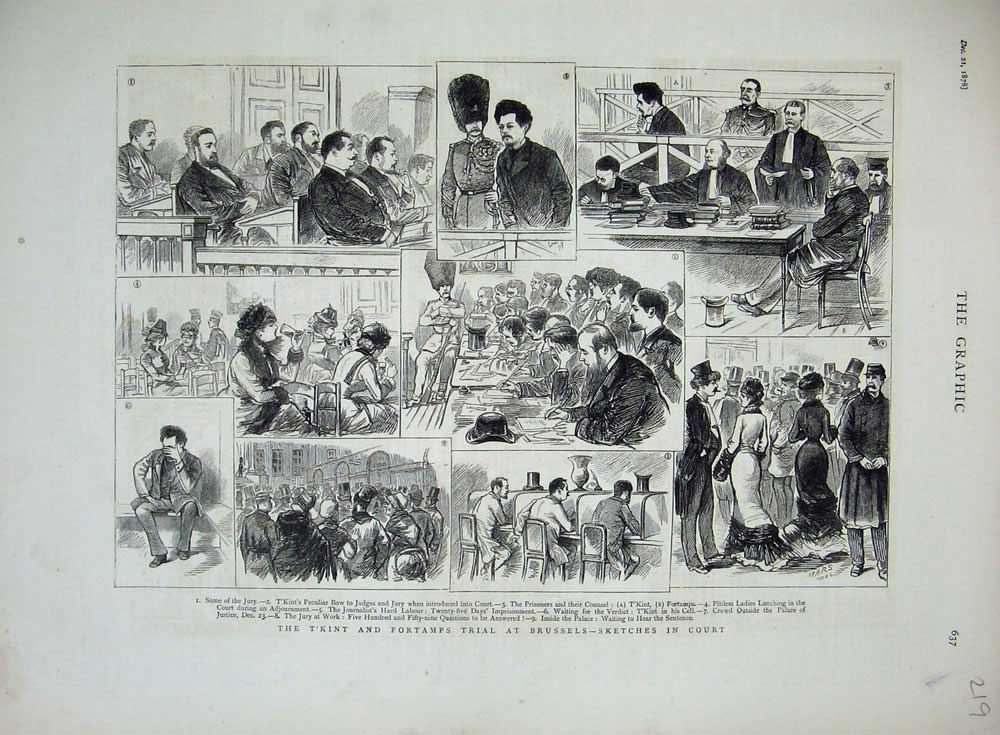 Old Antique Print 1878 T'Kint Fortamps Trial Brussels Jury Court Justice 19th