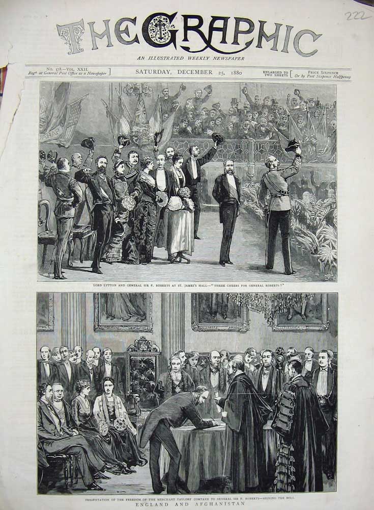 Original Old Antique Print 1880 Lord Lytton Roberts James Hall Merchant Taylors