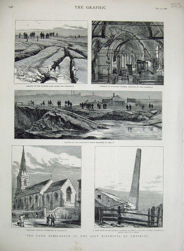 Original Old Antique Print 1880 Salt Districts Cheshire Winsford Church Chimney