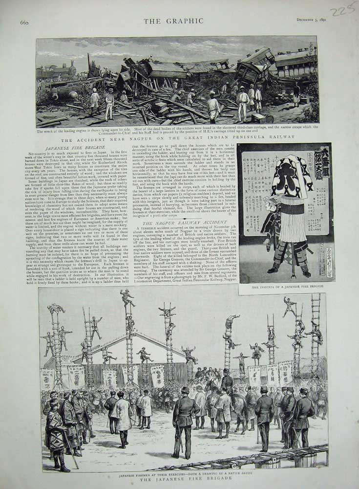Old Antique Print 1891 Japanese Fire Bridgade Nagpur Train Crash Indian 19th