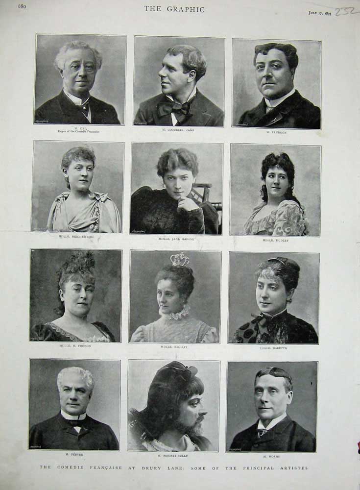 Old Antique Print 1893 Comedie Francaise Drury Lane Theatre Sully Worms 19th
