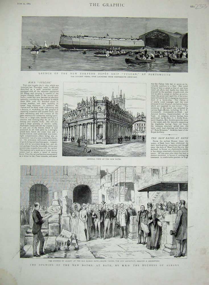 Original Old Antique Print 1889 Torpedo Ship Vulcan Baths Bath Duchess Albany