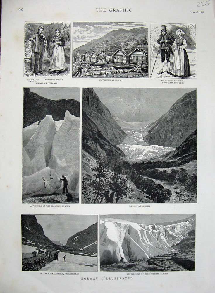 Original Old Antique Print Norway 1886 Costumes Brixdal Glacier Thelemarken