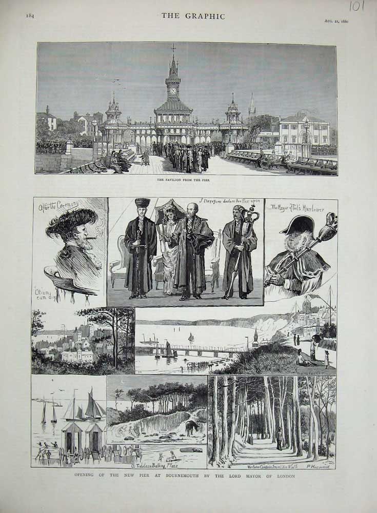 Original Old Antique Print 1880 New Pier Bournmouth Lord Mayor London Pavilion
