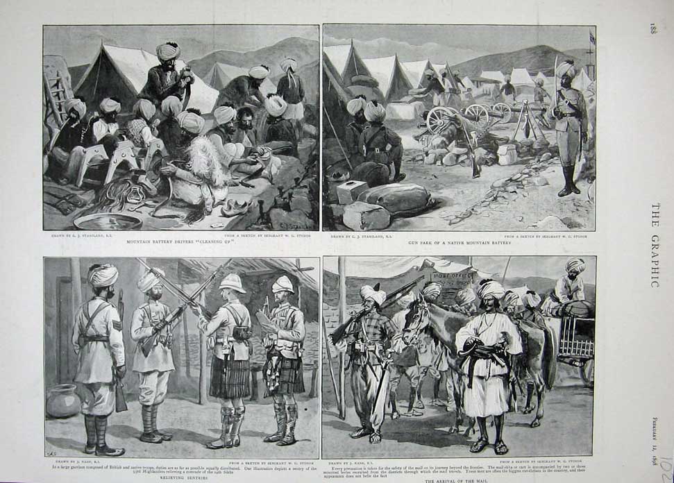 Original Old Antique Print 1898 Mountain Battery Siers Sentries Mail Horses