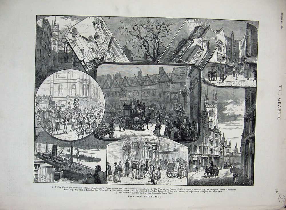 Original Old Antique Print London 1881 Bartholomews Canonbury Bridge Newgate