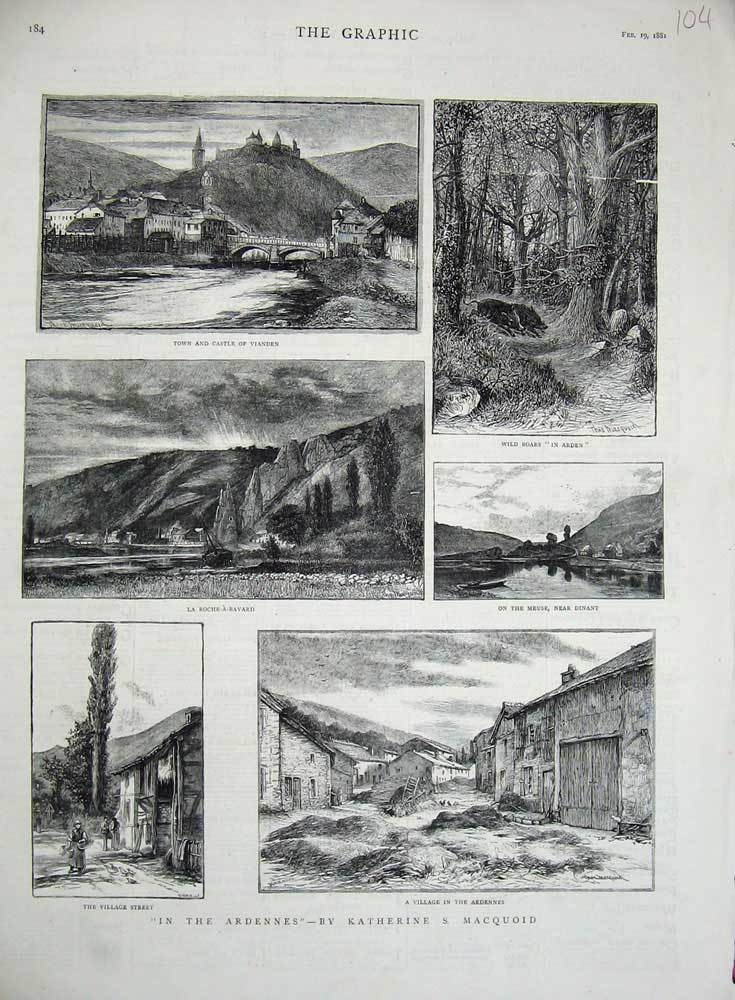 Original Old Antique Print 1881 Ardennes Castle Vianded Arden Meuse Wild Boars