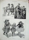 Original Old Antique Print 1889 Children Pantomimes Masks Family Theatre 19th