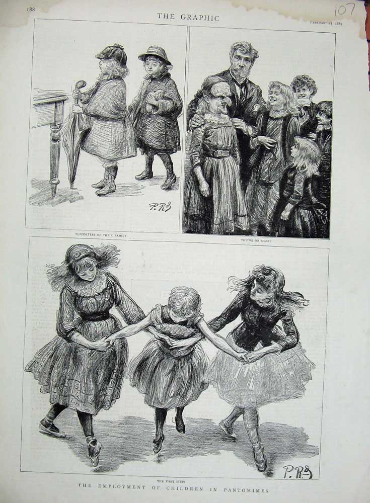Original Old Antique Print 1889 Children Pantomimes Masks Family Theatre 19th