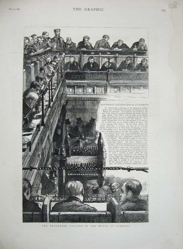 Original Old Antique Print 1887 Reporter'S Gallery House Commons Parliament