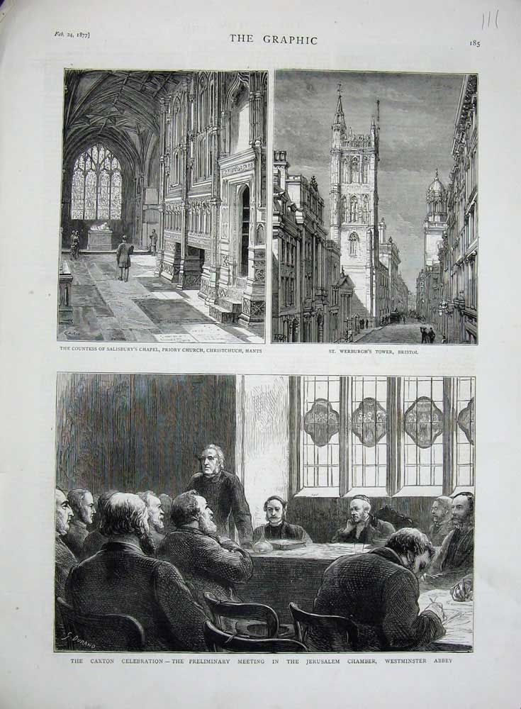 Original Old Antique Print 1877 Werburgh Tower Priory Church Caxton Westminster