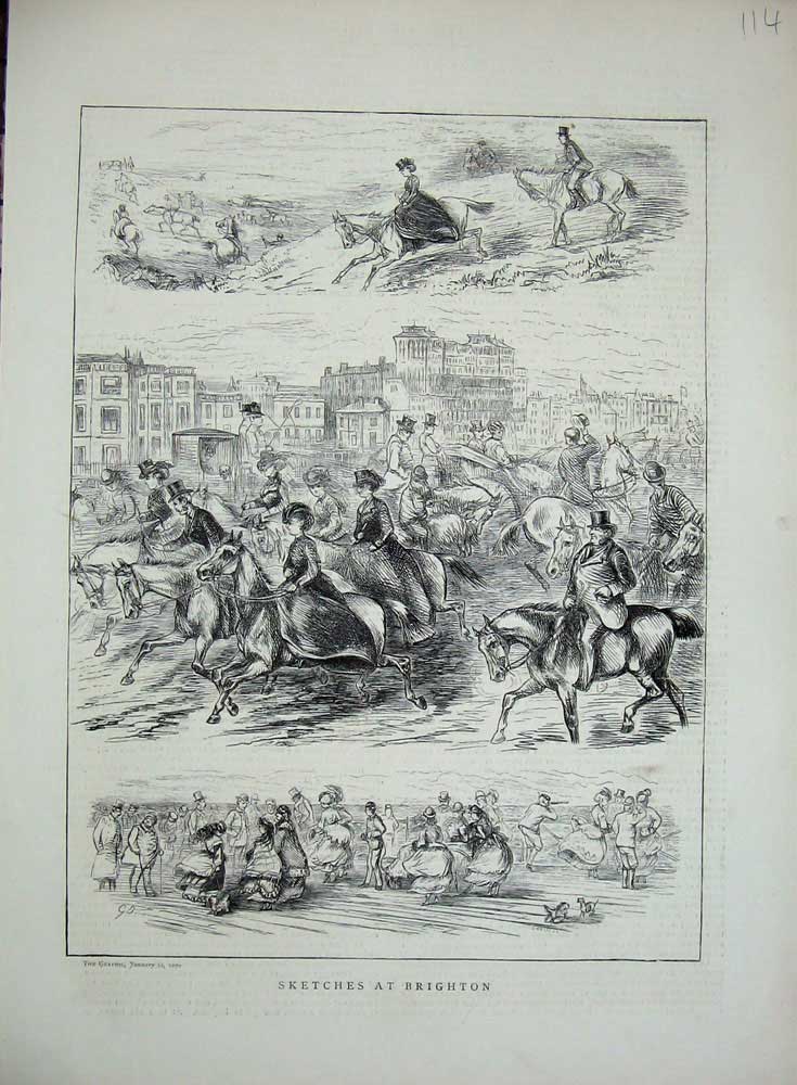 Original Old Antique Print 1870 Brighton England Horsee Beach Sand England 19th