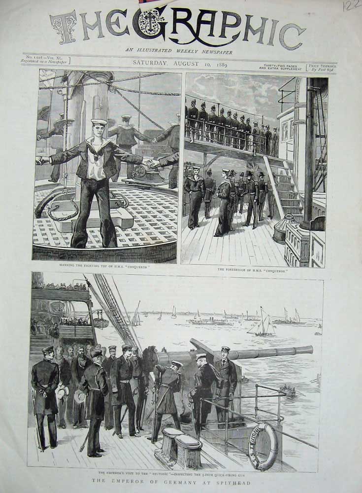 Old Antique Print 1889 Emperor Germany Spithead Ship Conqueror Teutonic 19th