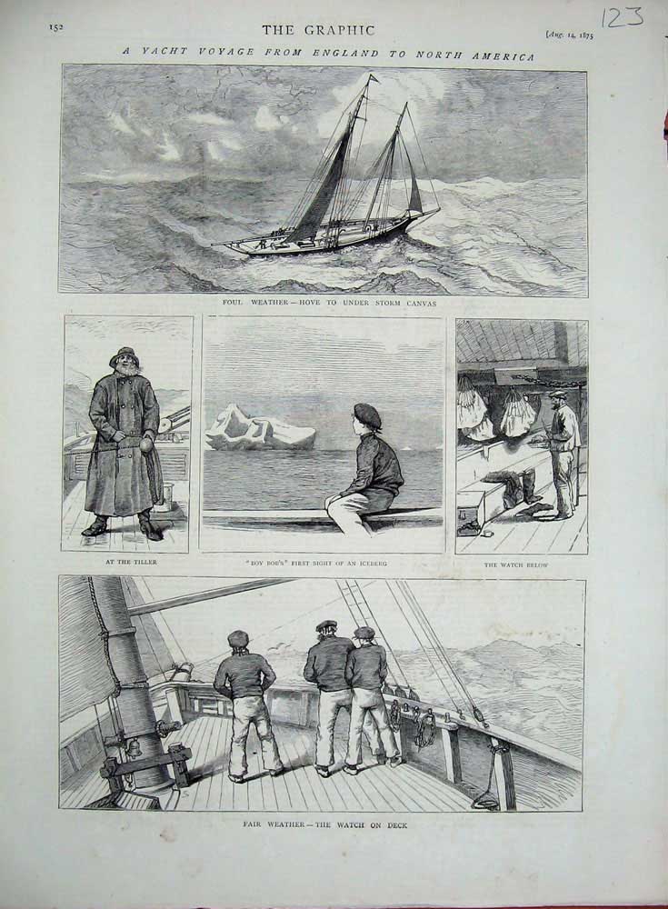 Old Antique Print 1875 Yacht Voyage England America Iceberg Deck Ship Sea 19th
