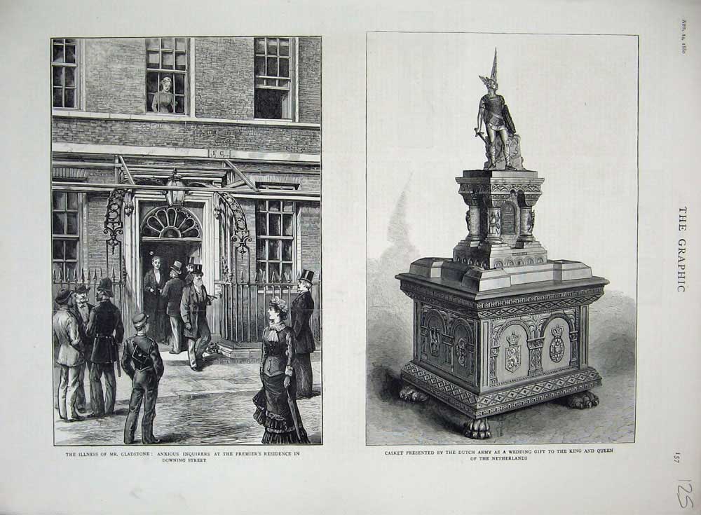 Original Old Antique Print 1880 Gladstone Downing Street Casket Dutch Army Gift