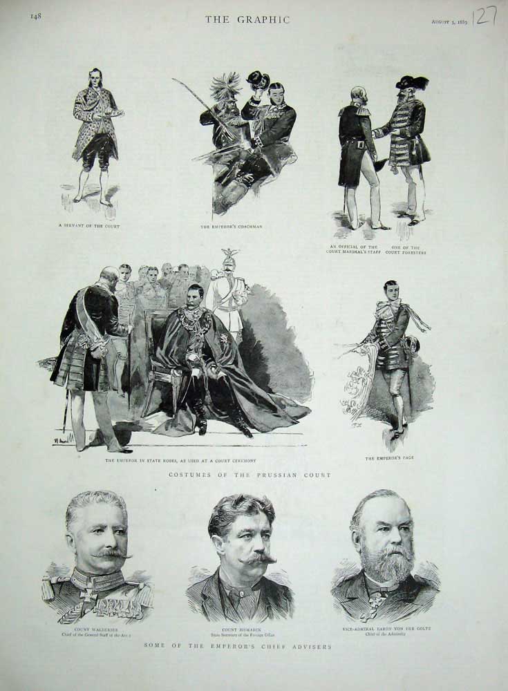 Original Old Antique Print 1889 Prussian Court Robes Bismarck Waldersee Goltz