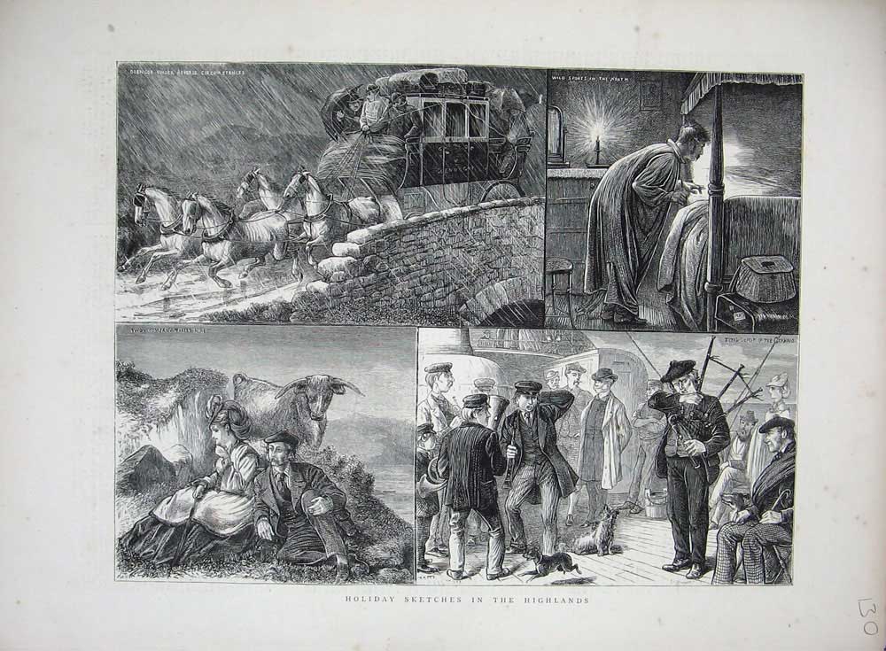 Old Antique Print 1872 Highlands Scotland Bagpipes Horse Carriage Cattle 19th