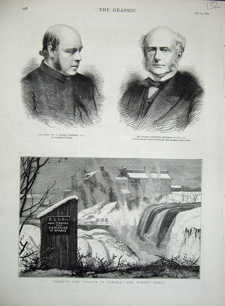 Old Antique Print 1879 Lightfoot Bishop Seccombe India Canada Rideau Fall 19th