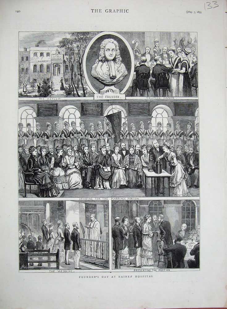 Old Antique Print 1875 Raines Hospital Asylum Wedding Trustees Dinner Art 19th