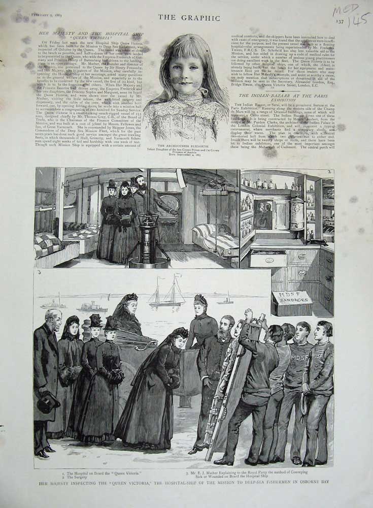 Original Old Antique Print 1889 Archduchess Elizabeth Hospital Ship Osborne Bay