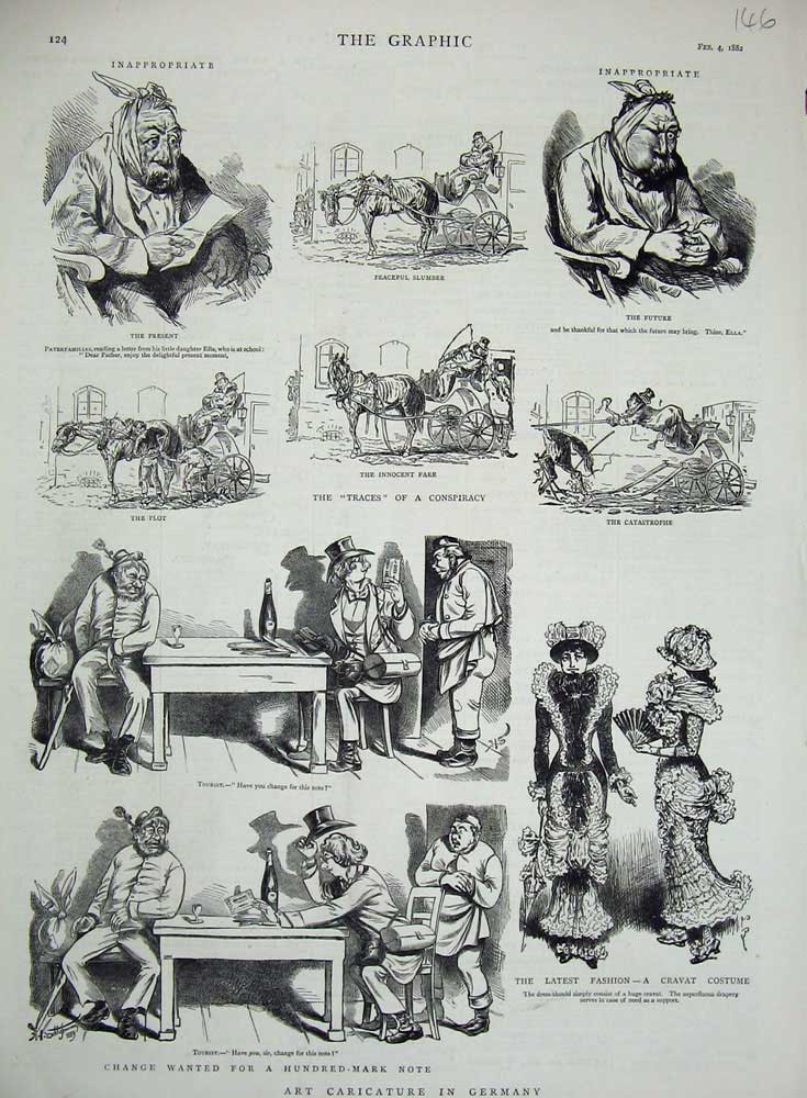 Old Antique Print 1882 Art Caricature Germany Horse Cart Cravat Costume 19th