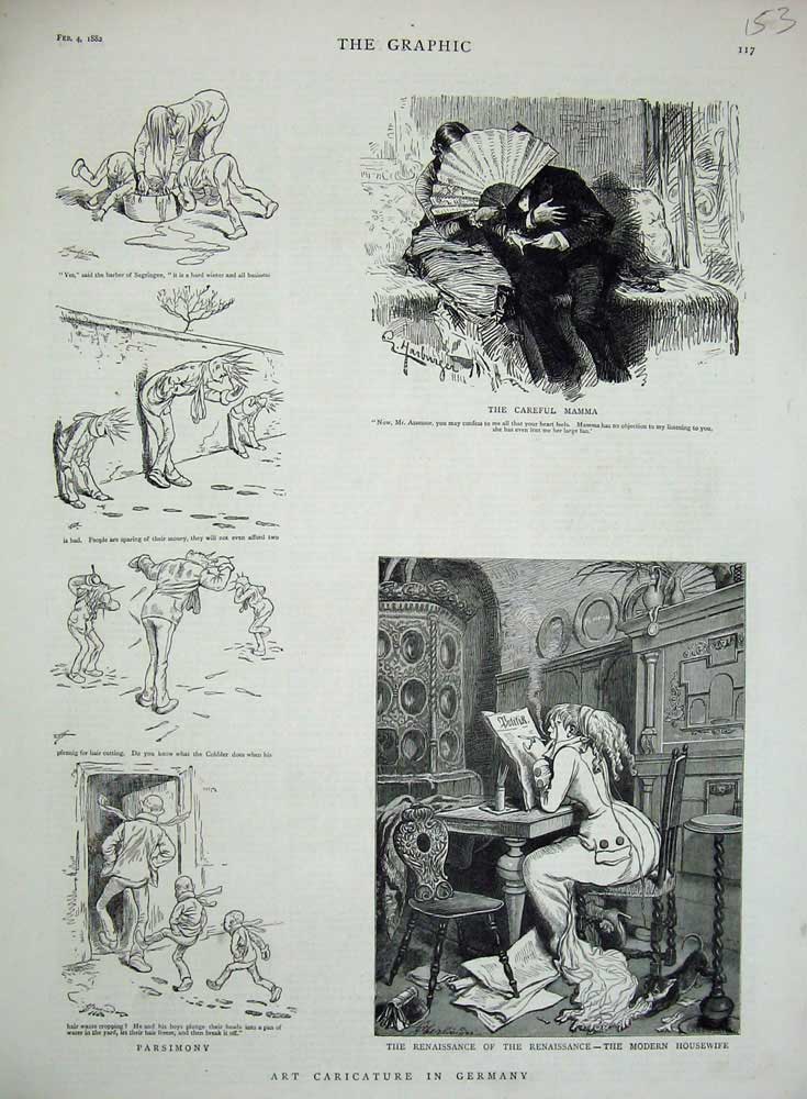 Original Old Antique Print 1882 Art Caricature Germany Housewife Renaissance