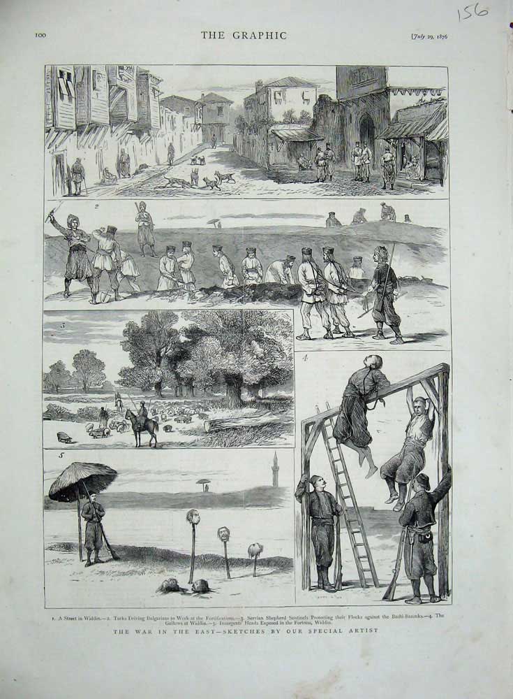 Old Antique Print 1876 War Widdin Servian Shepherd Bashi-Bazouks Fortress 19th
