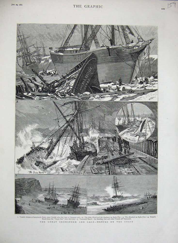 Original Old Antique Print 1881 Great Snowstorm Lavernock Cardiff Ships Ward