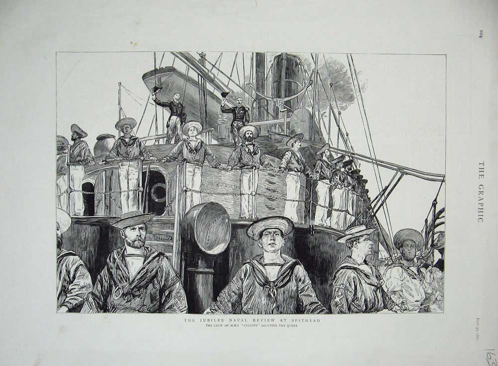 Original Old Antique Print Jubilee Review Spithead 1887 Crew Ship Cyclops Queen