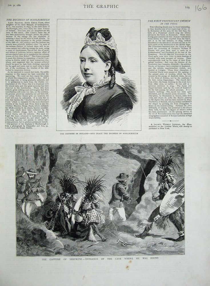 Original Old Antique Print 1880 Duchess Marlborough Capture Sekukuni Cave War