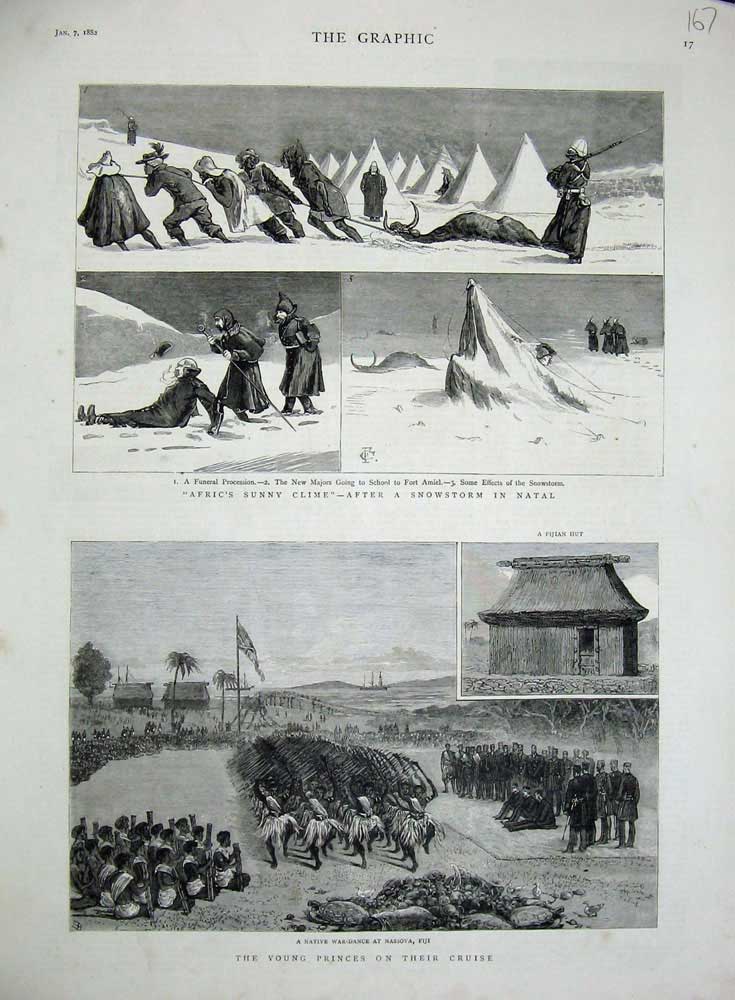 Old Antique Print 1882 Snowstorm Natal Fort Amiel Native War Dance Fiji 19th