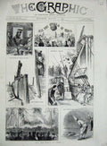 Old Antique Print 1878 Paris France Champs Elysees Ship Train Hotel Clown 19th
