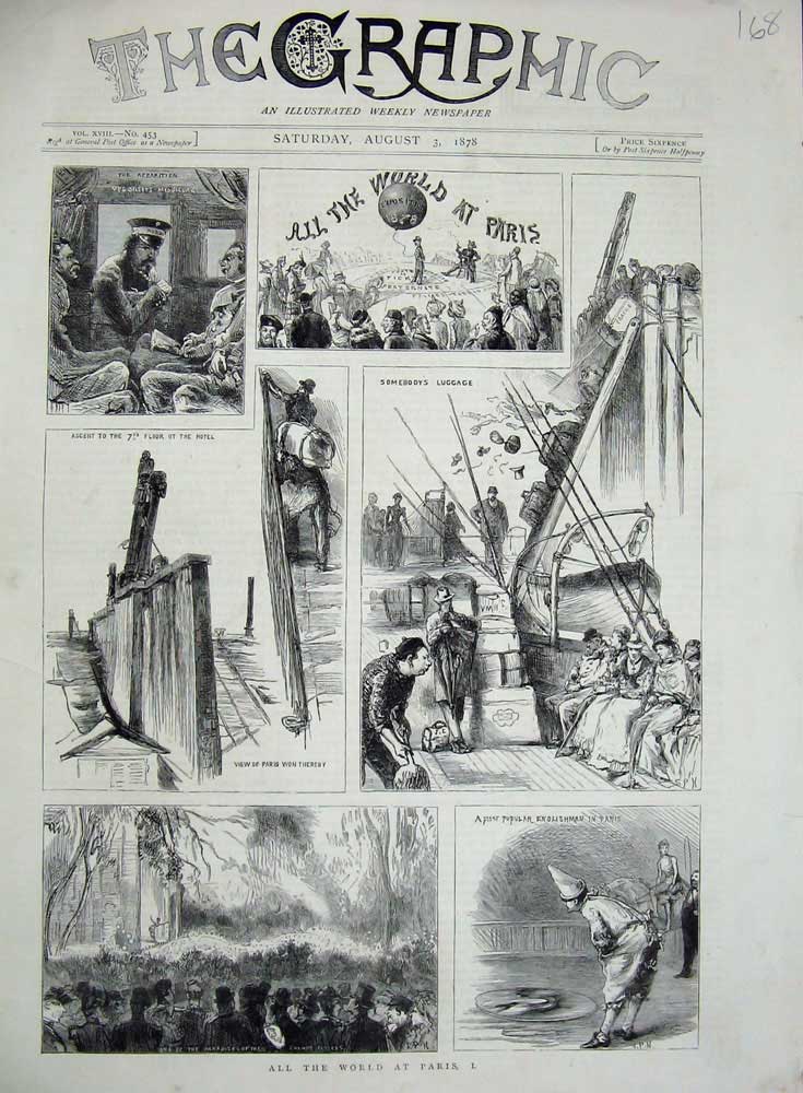 Old Antique Print 1878 Paris France Champs Elysees Ship Train Hotel Clown 19th