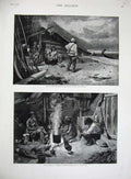 Old Antique Print 1893 Interior British Columbian Indians Hut Hunter Art 19th