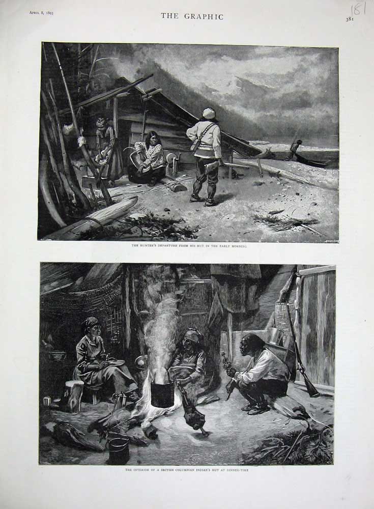 Old Antique Print 1893 Interior British Columbian Indians Hut Hunter Art 19th