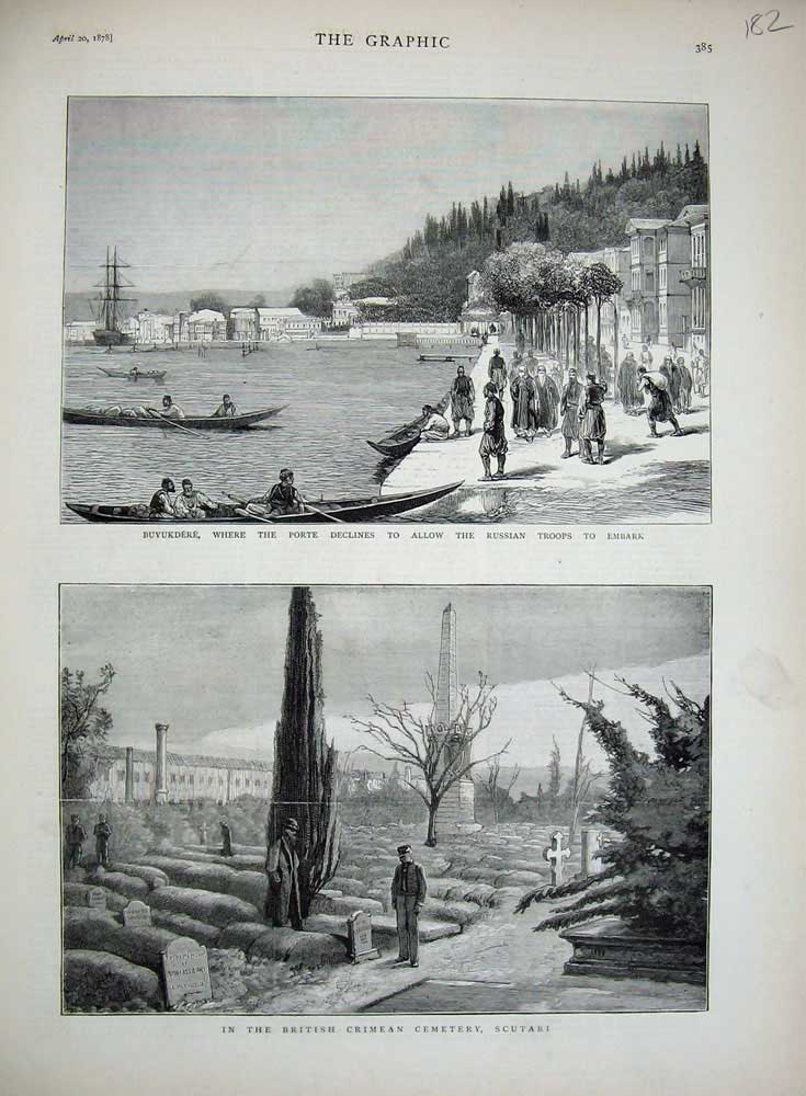 Old Antique Print 1878 British Crimean Cemetery Scutari Buyukdere Russian 19th