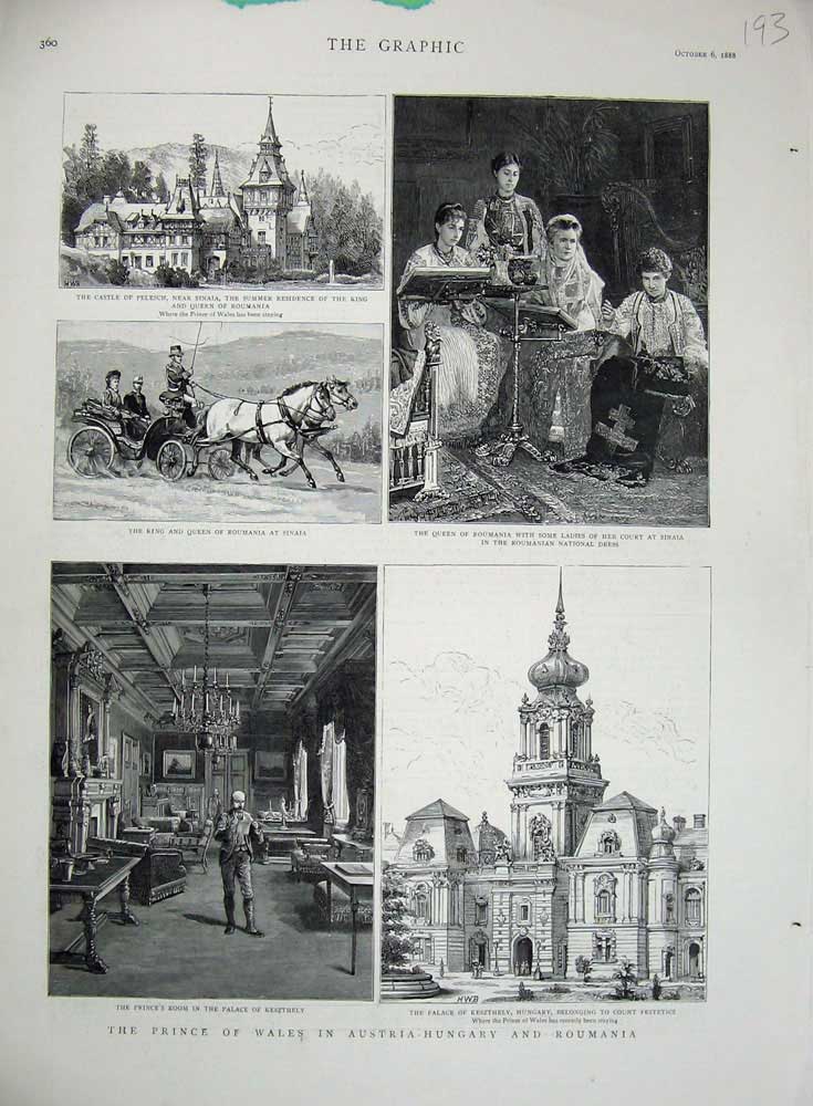 Old Antique Print 1888 Prince Hungary Austria Roumania Sinaia Palace King 19th