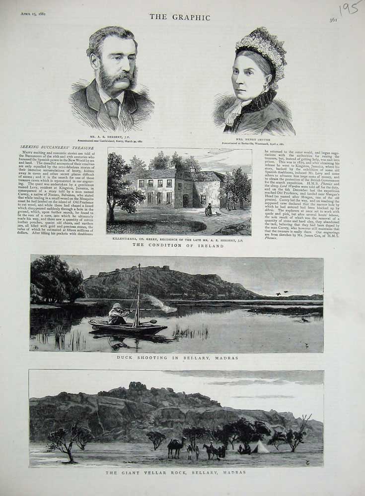 Old Antique Print 1882 Vellar Rock Bellary Madras Duck Shooting Ireland 19th
