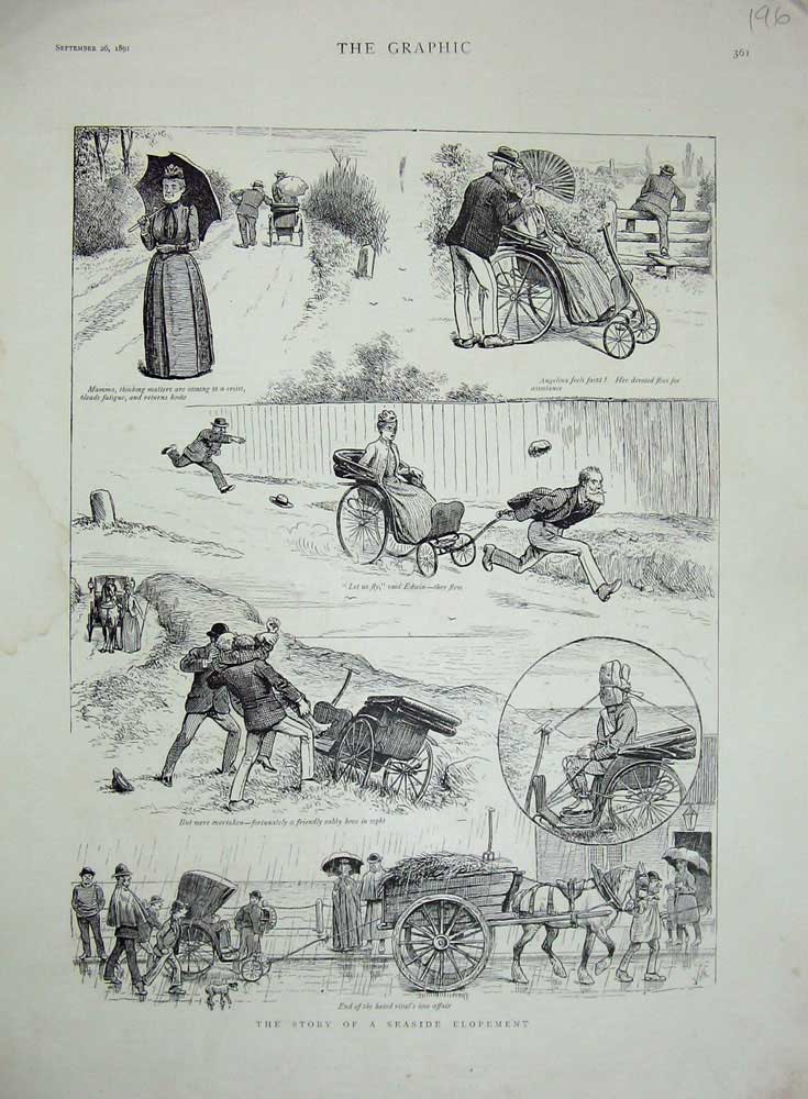 Original Old Antique Print Seaside Elopement 1891 Man Woman Romance Horse Cart