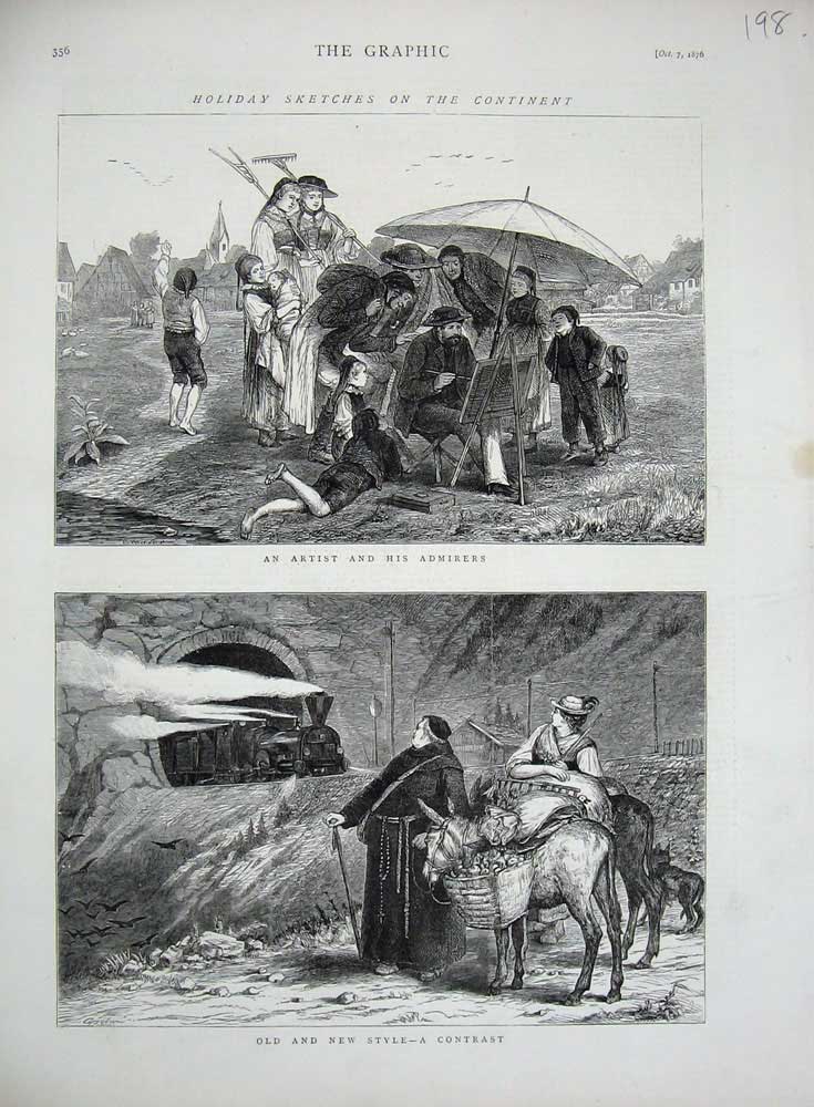 Old Antique Print 1876 Family Holidays Railway Train Donkey Artist Paint 19th