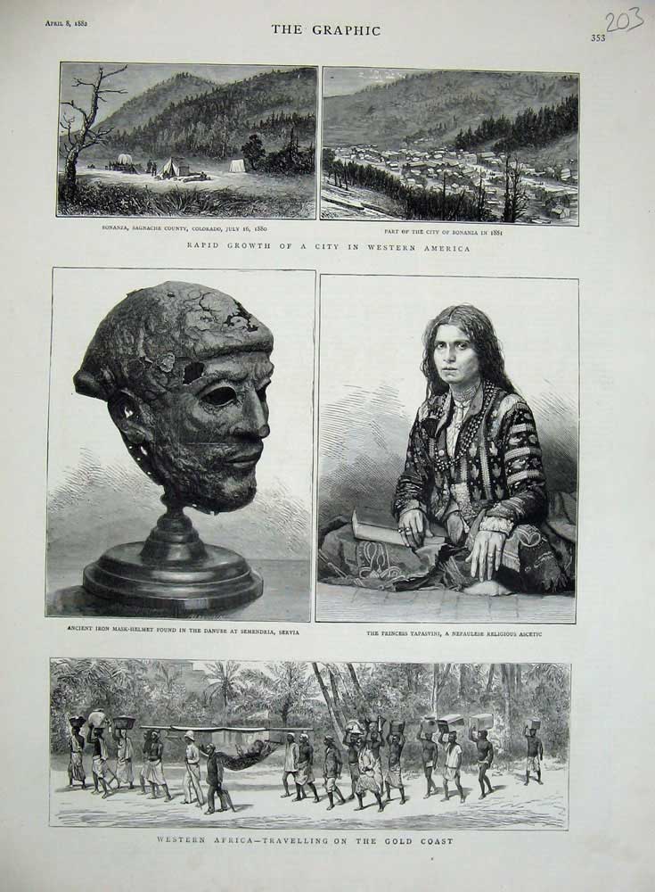 Original Old Antique Print 1882 Africa GTapasvini Bonanza Colorado Iron Mask