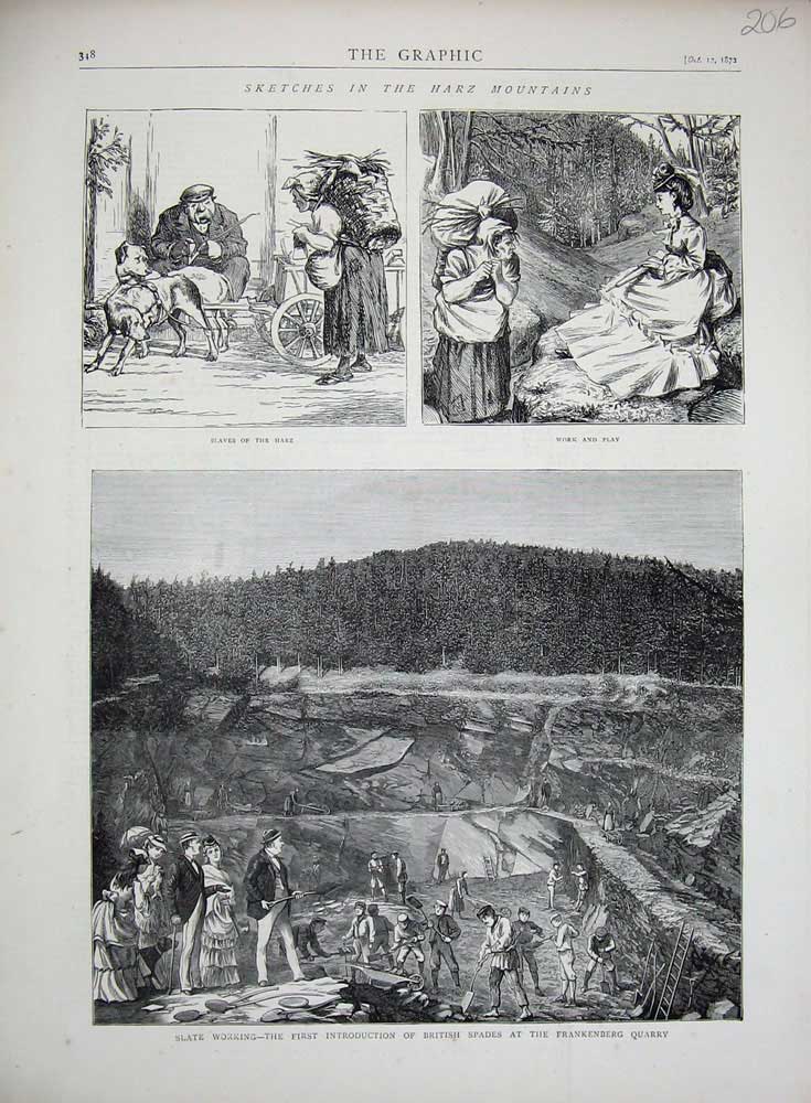 Original Old Antique Print 1872 Slate Working Frankenberg Quarry Harz Mountains